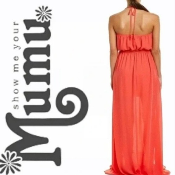 Show Me Your Mumu Halter Maxi Dress Coral Orange Large Slit Sheer Lined - Picture 3 of 14